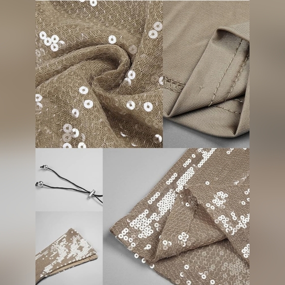 Deep V Long Sleeve Sequins  Dress With Drawstrings - Picture 3 of 12